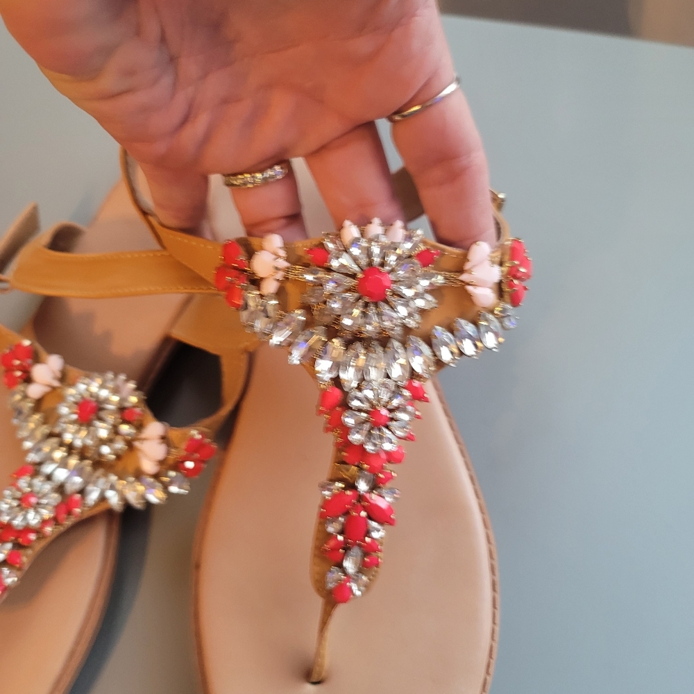 Torrid dark coral, peachy pink and rhinestone sandal. Worn once.